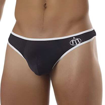 Black mesh Intymen INT7661 thong briefs with white trim and silver logo on waistband front view