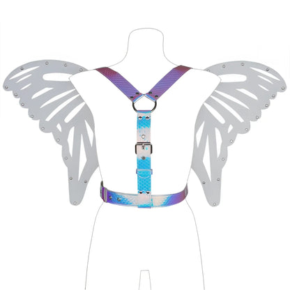 Iridescent butterfly wings harness with blue and purple iridescent wings and metallic silver accents