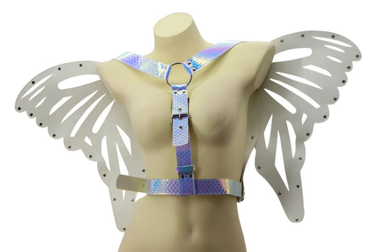 Iridescent butterfly wings harness with metallic silver holographic wings and adjustable straps for wearable use