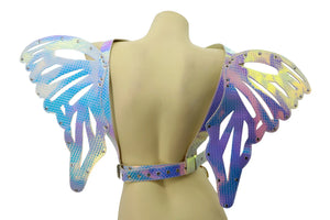 Iridescent butterfly wings harness with snakeskin texture and metallic rivets showing the back side of the product