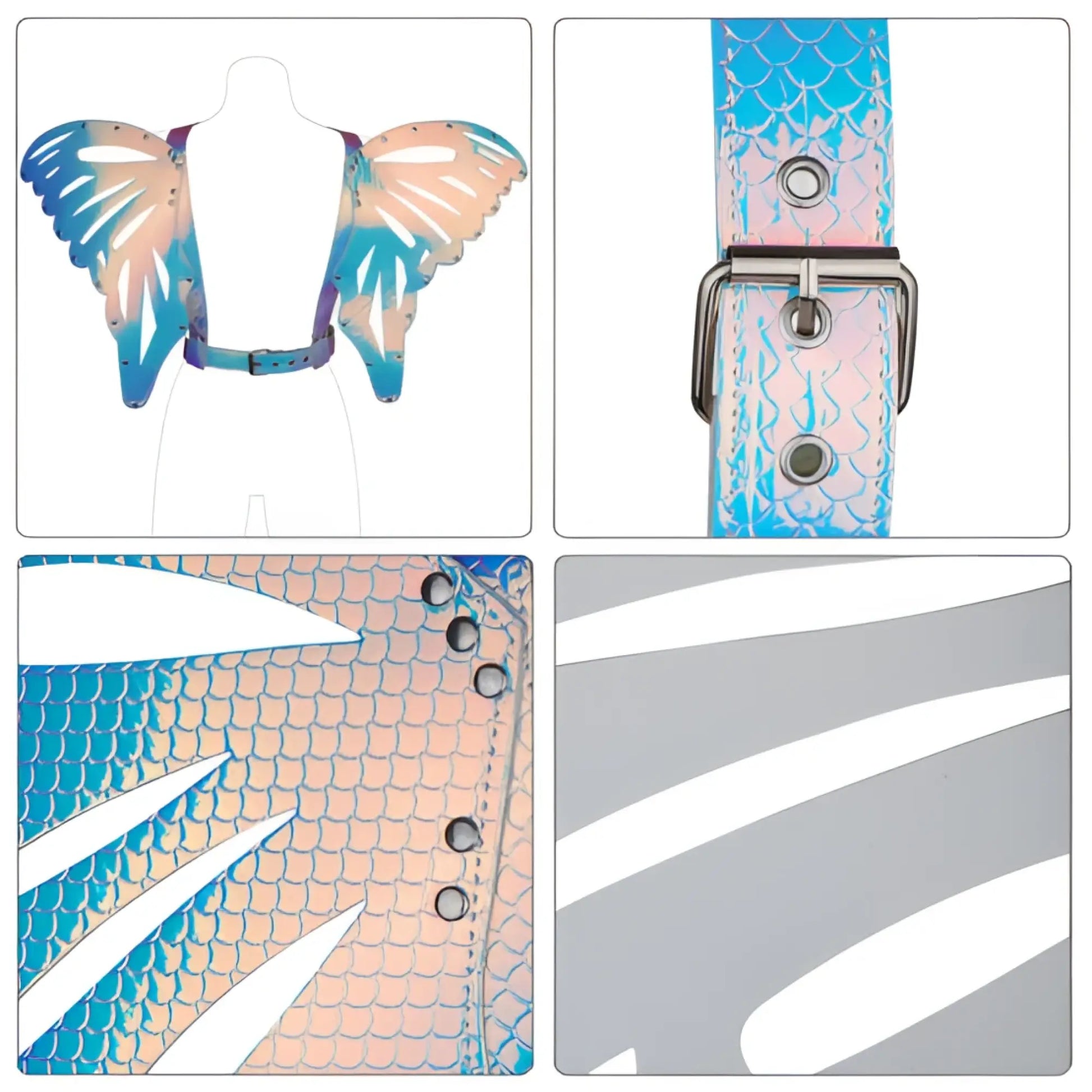 Iridescent butterfly wings harness with mermaid-scale patterned blue and pink holographic material and silver hardware
