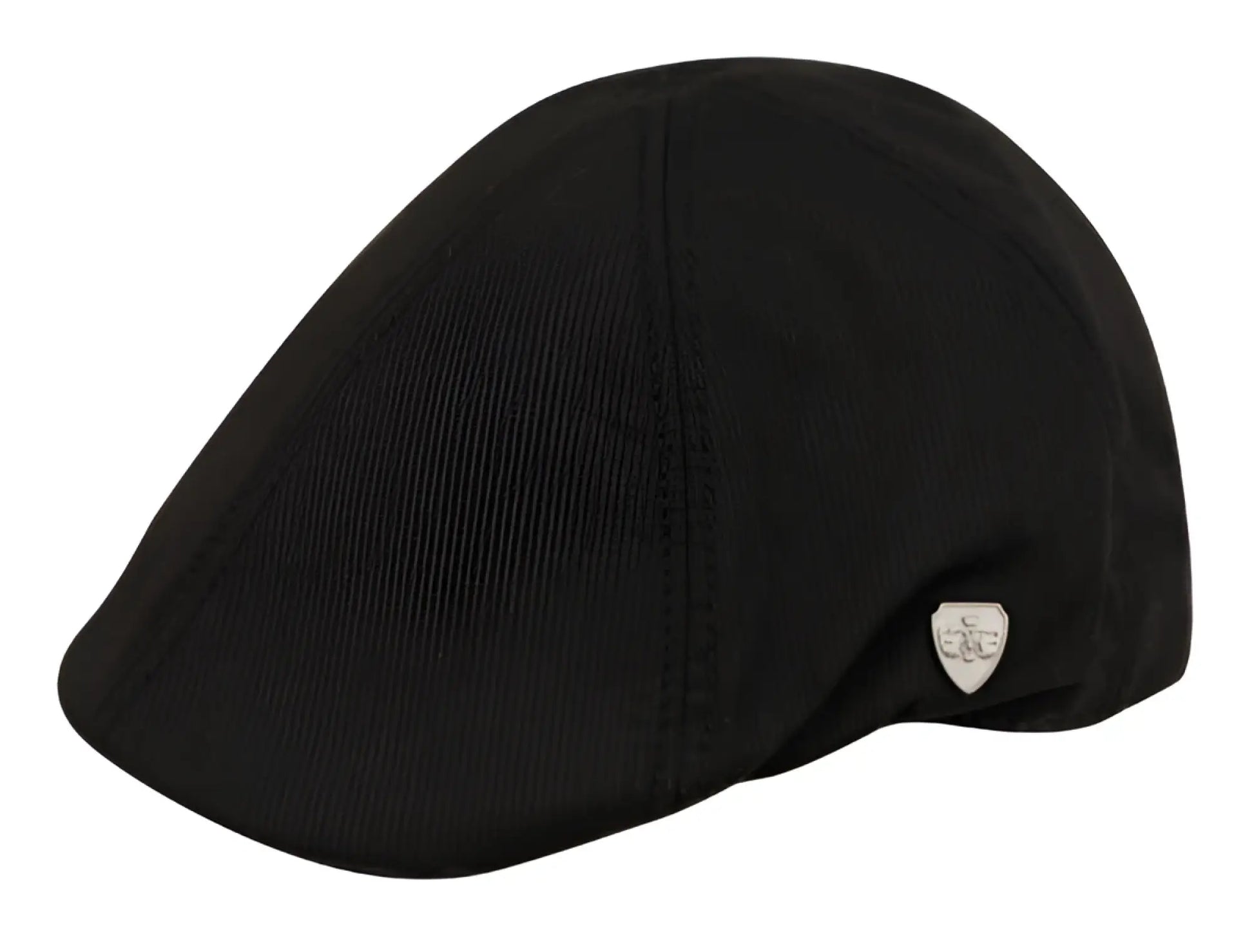 Black ivy cap flat cap with subtle texture and small silver shield emblem on the side