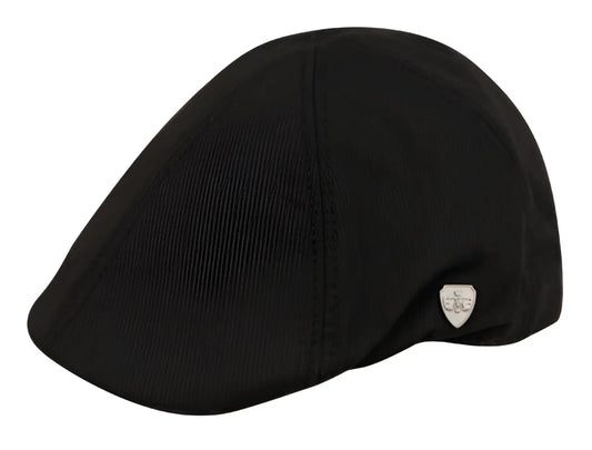 Black ivy cap flat cap with subtle texture and small silver shield emblem on the side