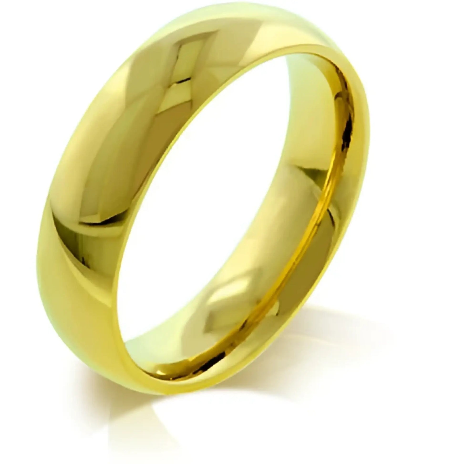 A sleek polished gold-colored stainless steel wedding band with smooth rounded interior and exterior size 10