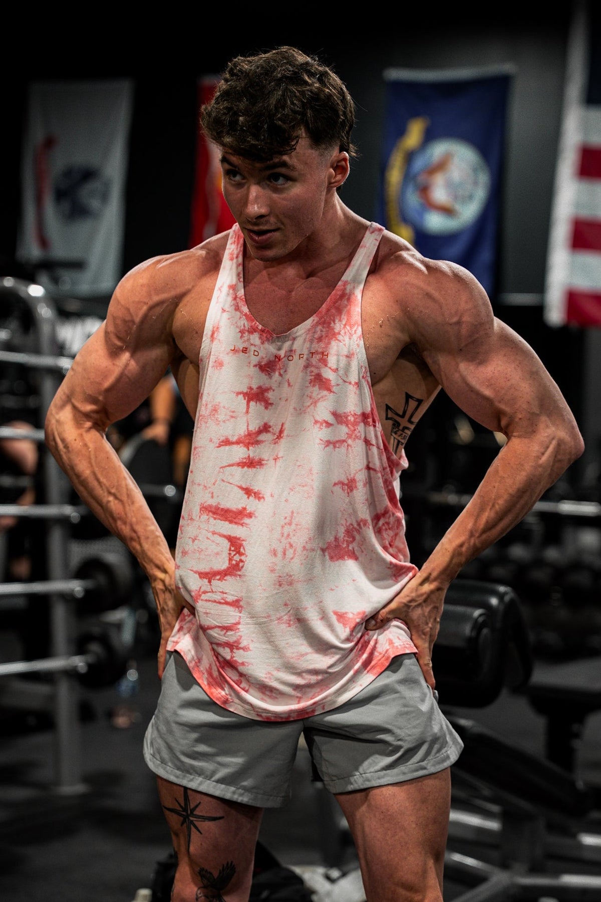Jed North Men's Classic Bodybuilding Racerback Stringer - Red Tie Dye