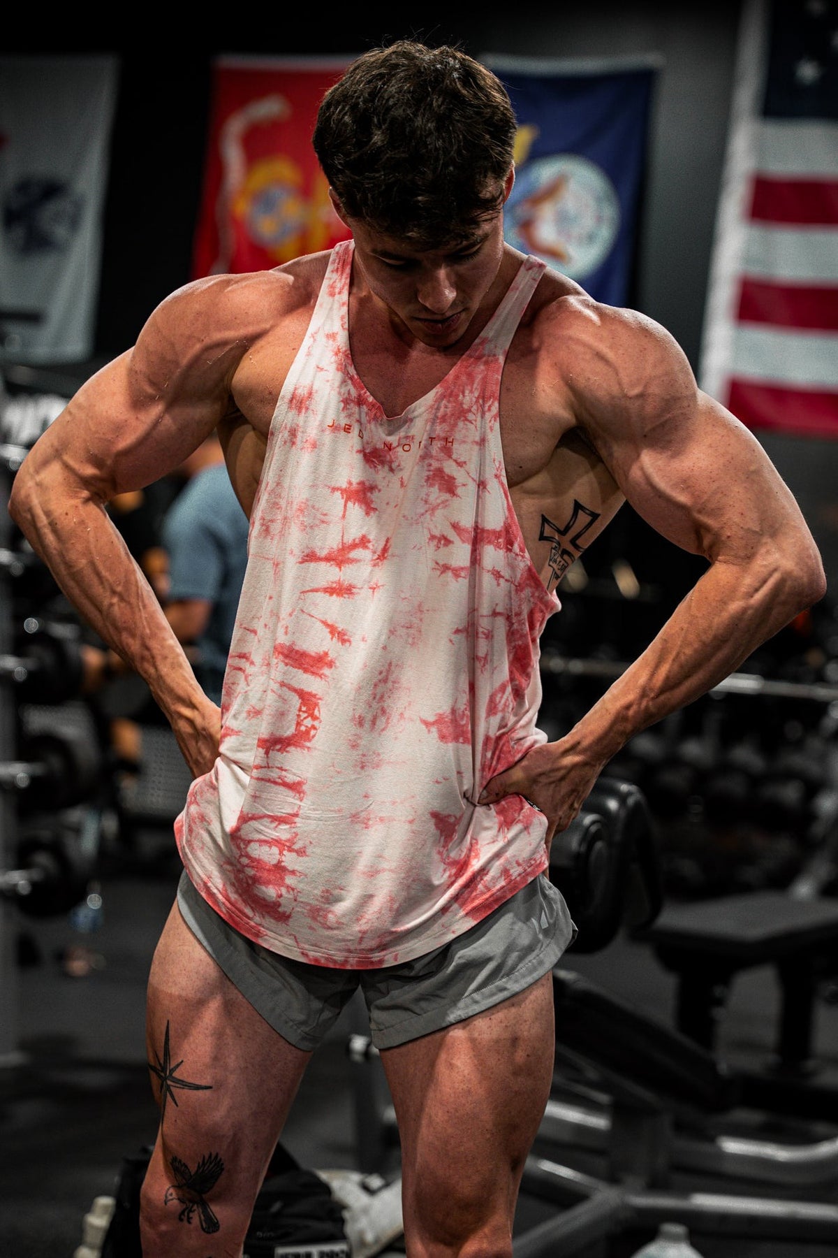 Jed North Men's Classic Bodybuilding Racerback Stringer - Red Tie Dye