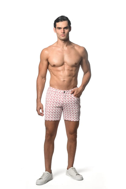 Jacquard printed stretch knit men’s shorts in pink and white geometric pattern ideal for casual wear
