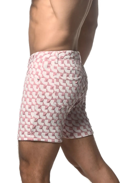 Pink and white jacquard printed stretch knit short swim trunks with geometric pattern for casual beachwear