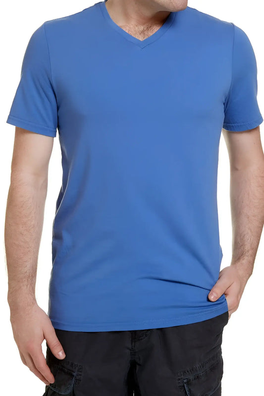 Blue v neck short sleeved cotton t shirt by jag essential in vintage blue size medium