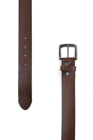 Brown textured leather jag simon belt with matte black metal buckle chocolate size l