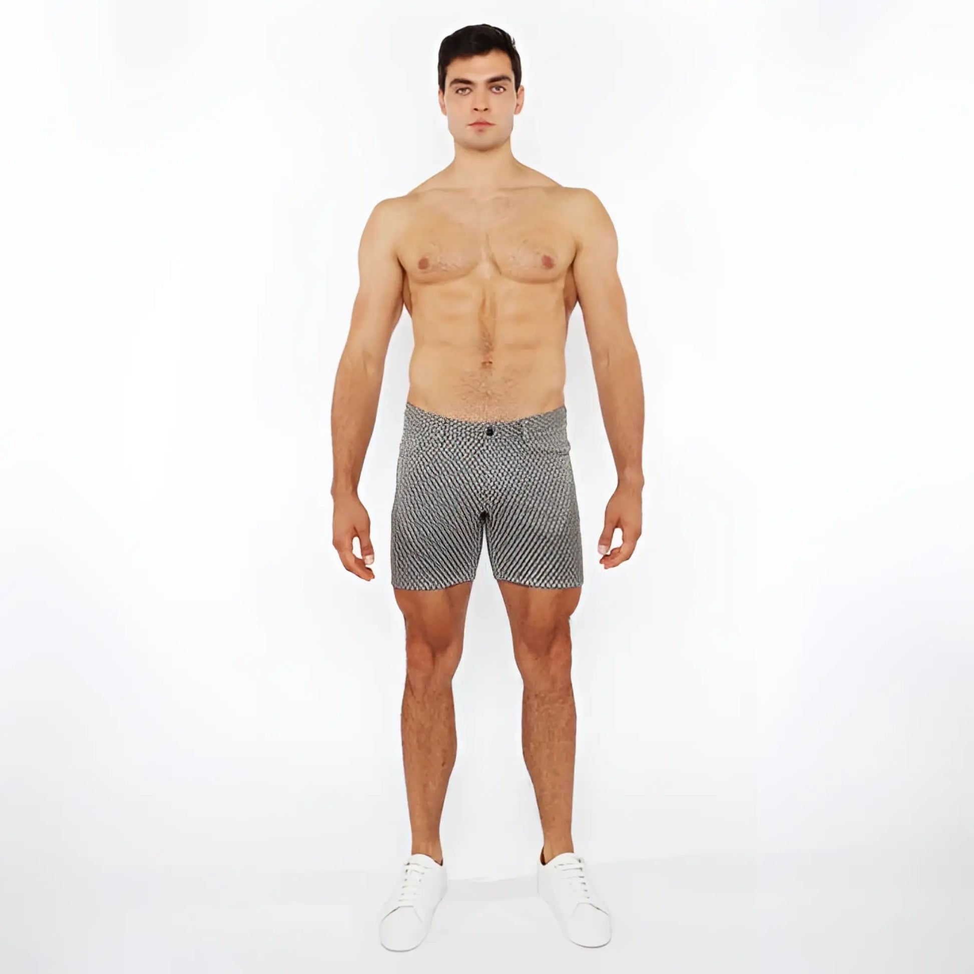 Gray jaquard stretch knit chino shorts with subtle white polka dots made from lightweight fabric