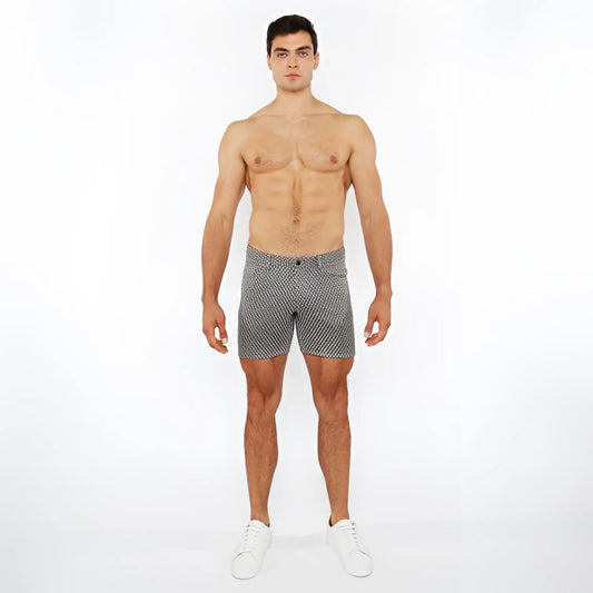Gray jaquard stretch knit chino shorts with subtle white polka dots made from lightweight fabric