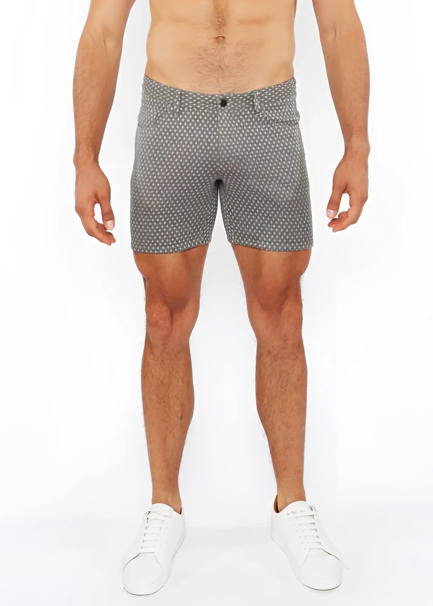 Gray jaquard stretch knit chino shorts with subtle white polka dots made from lightweight fabric