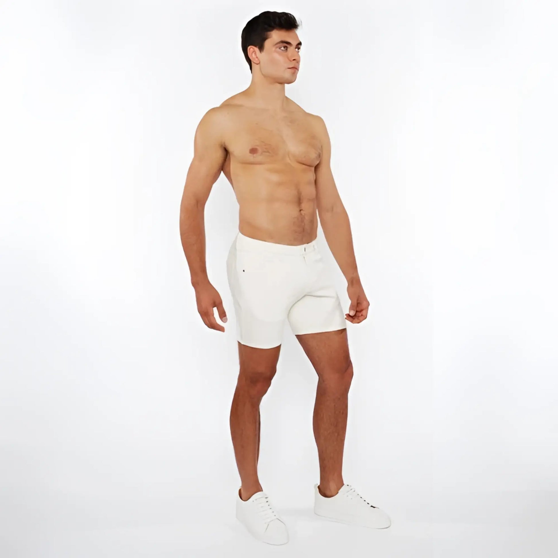 White jaquard stretch knit chino shorts with a clean minimalist design made from breathable athletic fabric