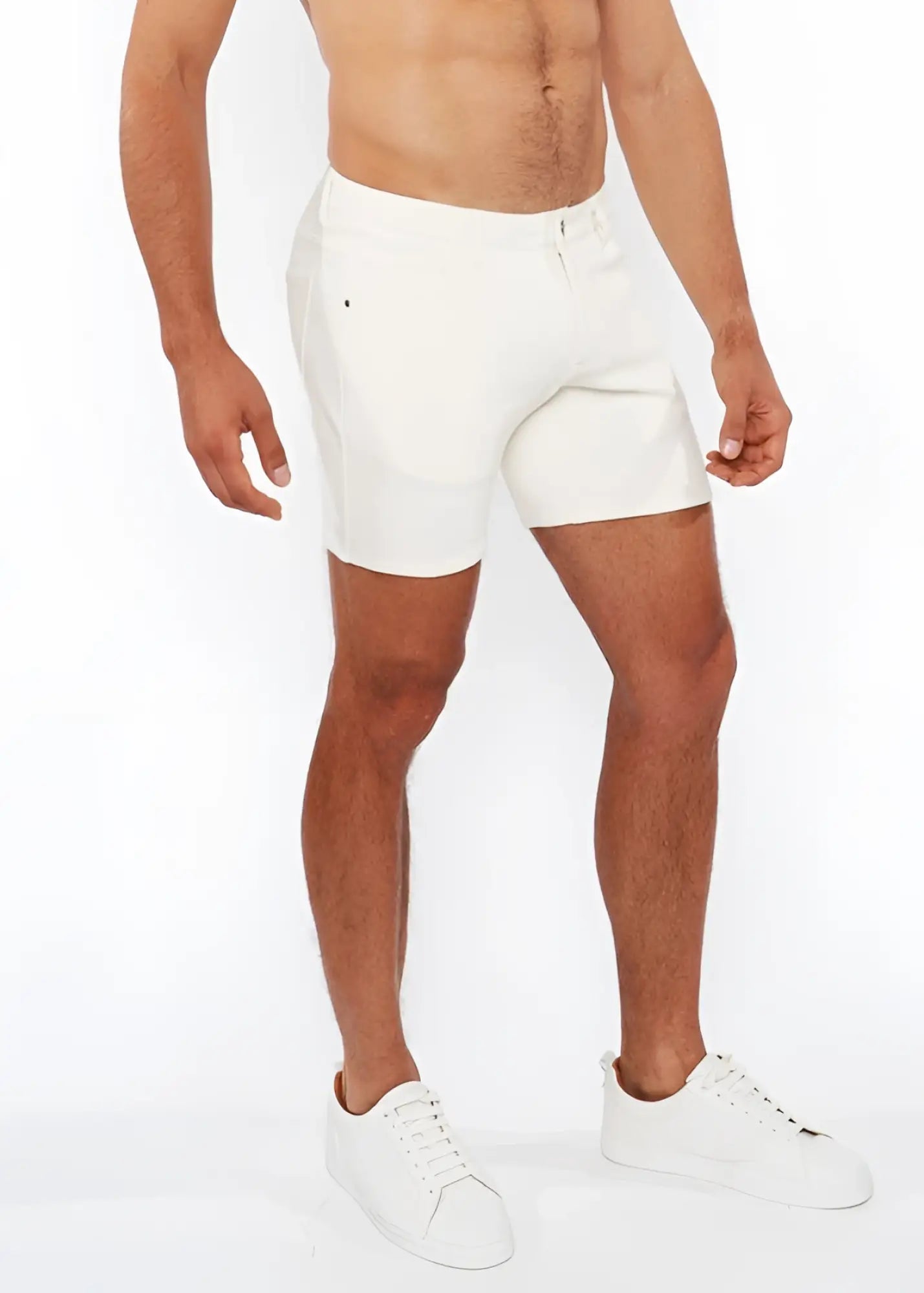 White jaquard stretch knit chino shorts with sleek form-fitting design and subtle stitching details