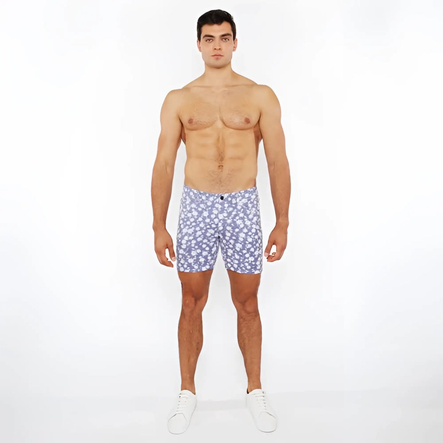 Blue floral patterned men’s jaquard stretch knit shorts showcasing their comfortable and stylish design