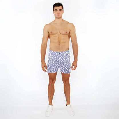 Blue floral patterned men’s jaquard stretch knit shorts showcasing their comfortable and stylish design