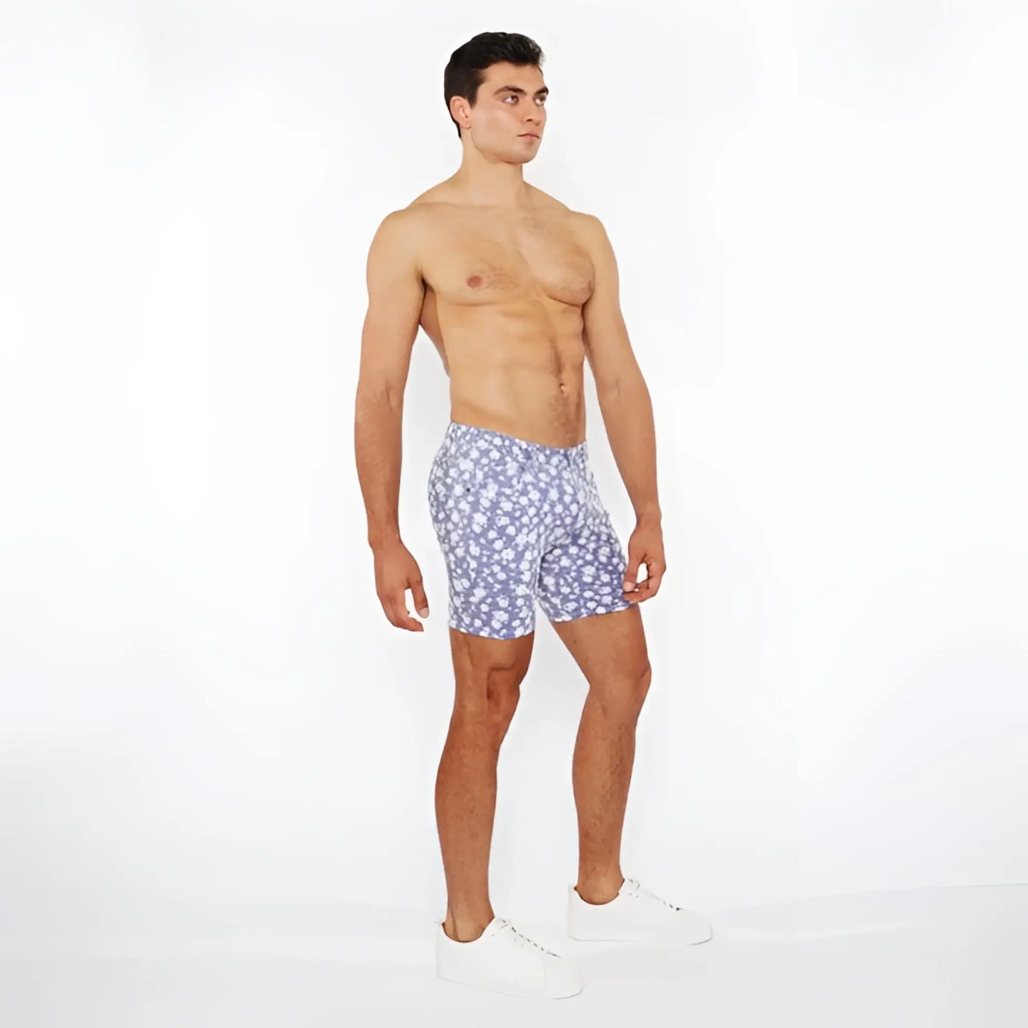 Blue floral-patterned men’s jaquard stretch knit boxer shorts made from soft stretch fabric for comfortable wear