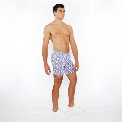 Blue floral-patterned men’s jaquard stretch knit boxer shorts made from soft stretch fabric for comfortable wear