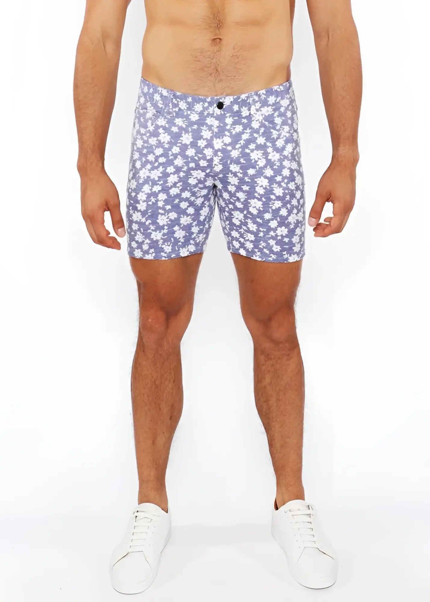 Purple floral-patterned jaquard stretch knit men’s shorts with black button closure for casual wear