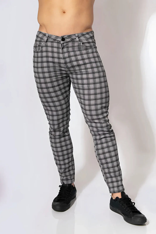 Gray and black plaid slim-fit jeans jed north embassy grid pants grey jnbtm066 size m front view
