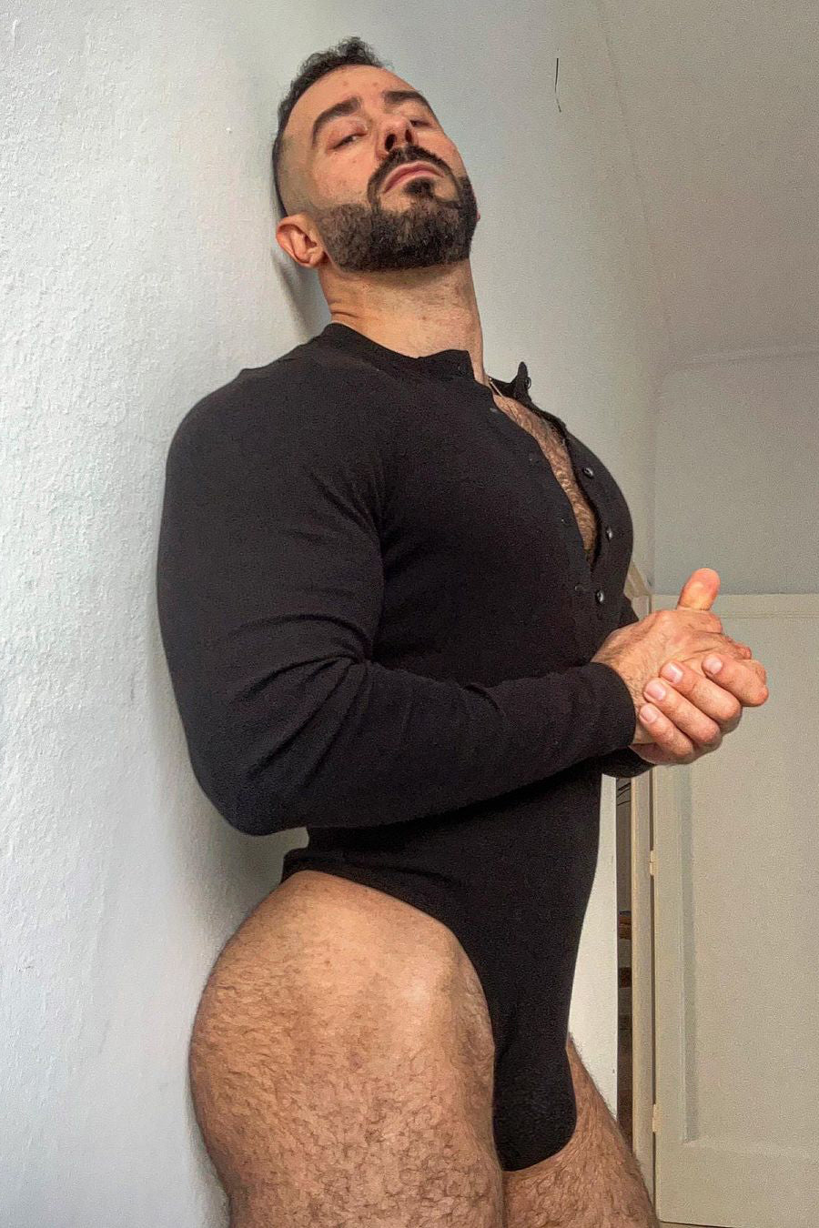 JJ Malibu Men's Infinity Long Sleeve Button Up Bodysuit - Midnight Black