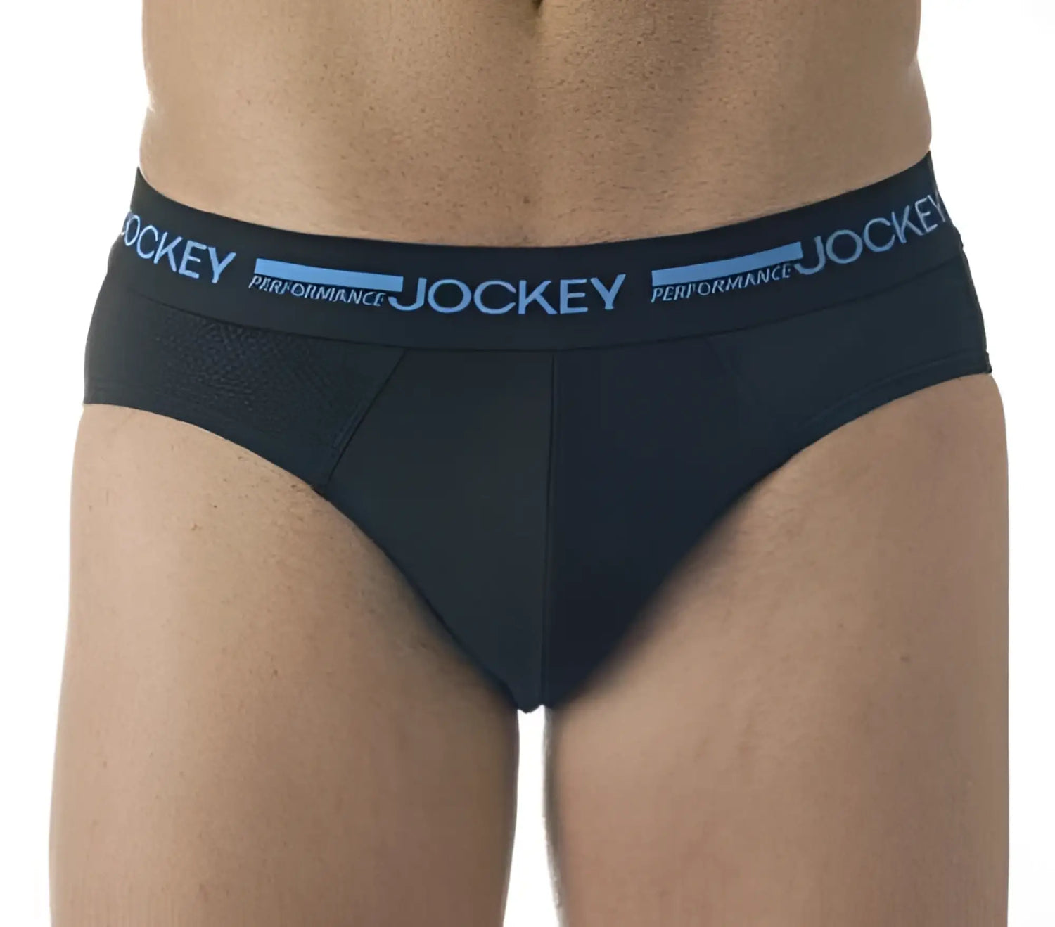 Black jockey performance active cool briefs with a blue logo band size 85 plus showing front view