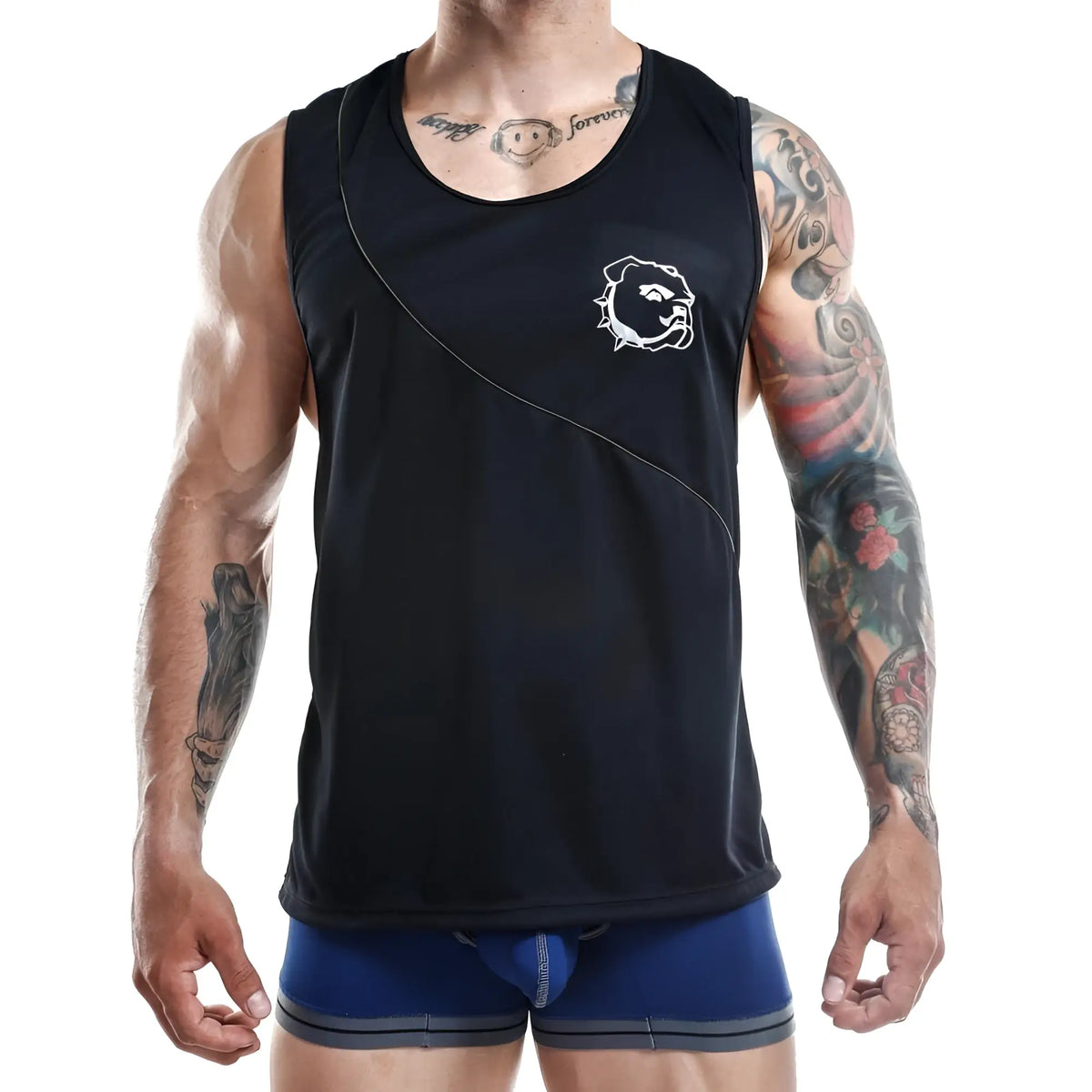 Black athletic tank top jocko jkm001 with white bulldog logo and silver stitching along the side