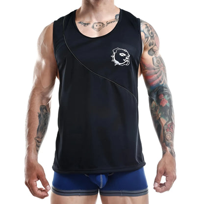 Black athletic tank top jocko jkm001 with white bulldog logo and silver stitching along the side