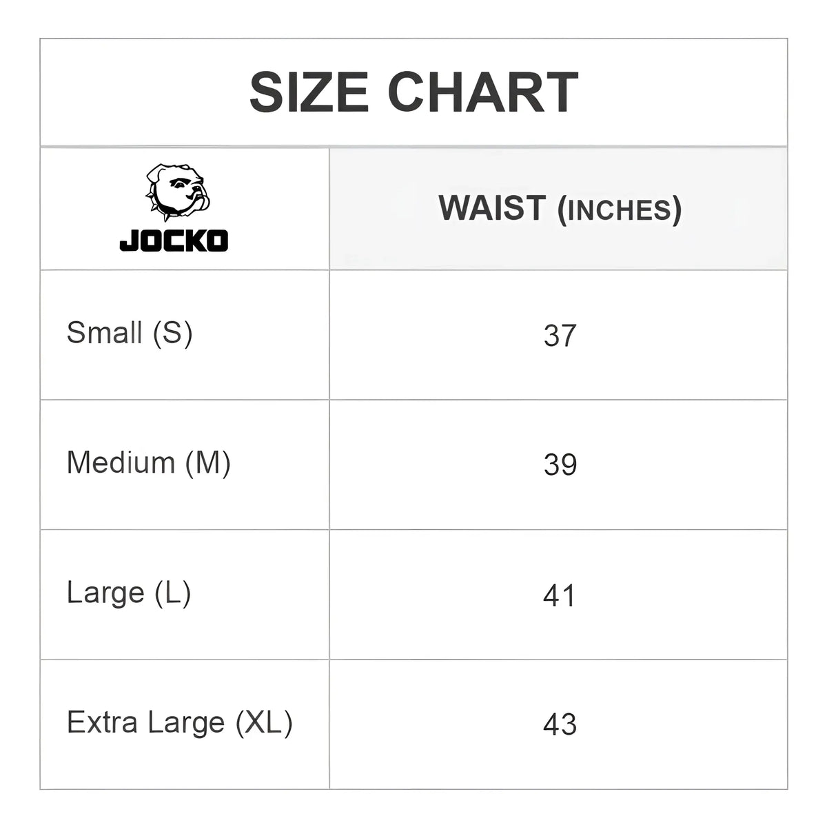Jocko JKM001 tank tops size chart showing waist measurements for small medium large and extra large sizes