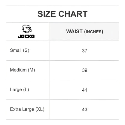 Jocko JKM001 tank tops size chart showing waist measurements for small medium large and extra large sizes
