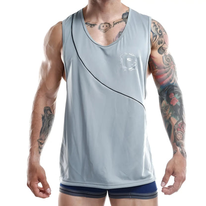 Light gray jocko jkm001 athletic tank top with black trim and subtle white logo on the chest for active wear