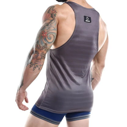 Back view of gray textured Jocko JKM002 tank top with a small black logo patch on the upper back