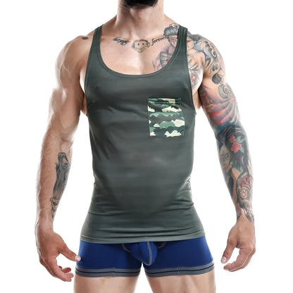 Olive green jocko jkm002 tank top with a camouflage patterned chest pocket for casual wear