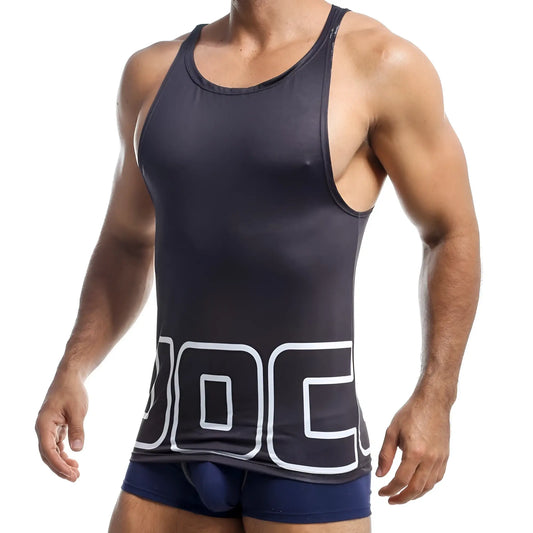 Black jocko jkm005 athletic tank top with bold white doc lettering on lower front ideal for workouts