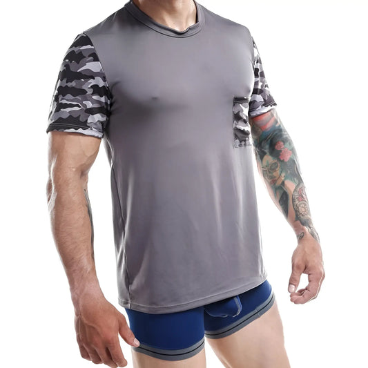 Gray jocko jkn001 athletic t-shirt with camouflage sleeves and pocket crew neck short sleeves breathable fabric