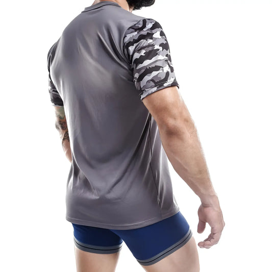Jocko JKN001 short-sleeve athletic shirt with gray and black camouflage sleeves and solid gray torso for training