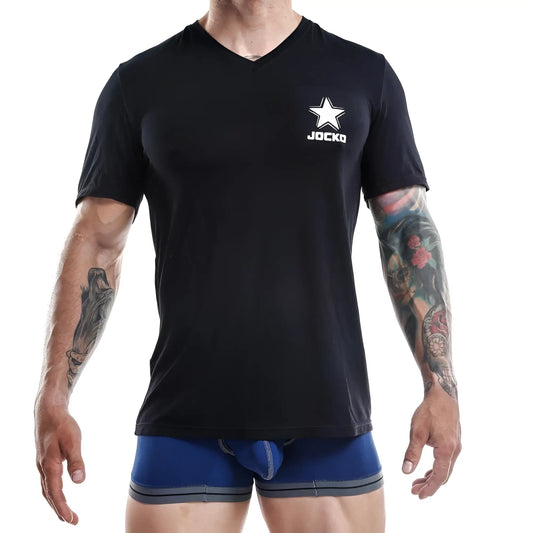Black v-neck Jocko JKN002 t-shirt with white star and Jocko logo on left chest pocket in cotton fabric
