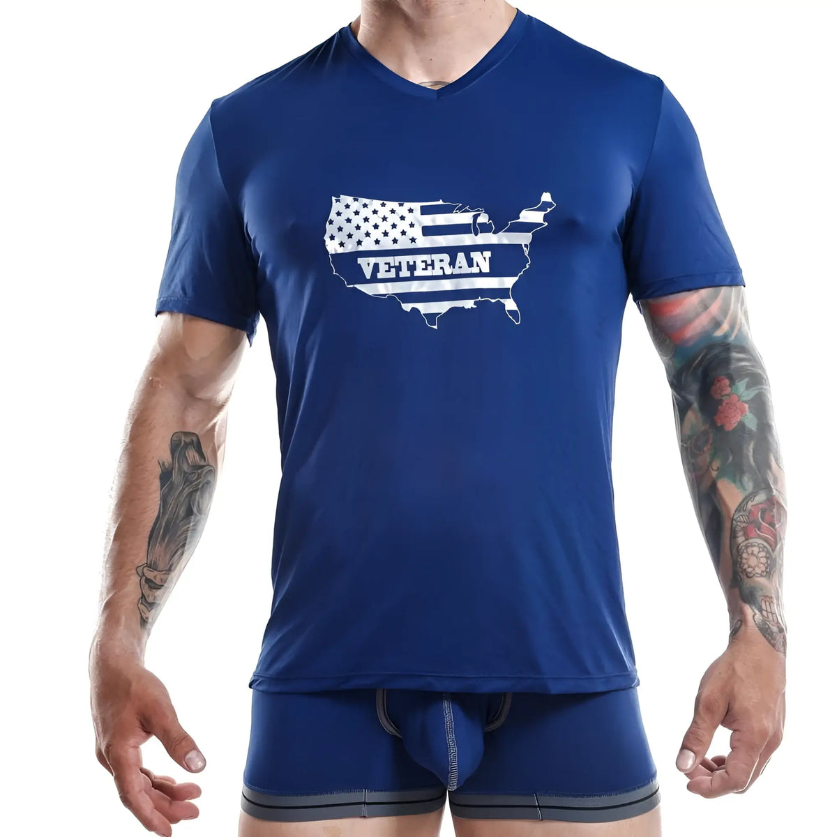 Blue v-neck t-shirt with white American flag shaped like the US map and veteran text by Jocko JKN003