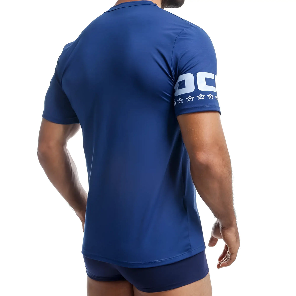 Blue short-sleeved athletic shirt with white oc logo and star pattern on sleeve from jocko jkn006 tank tops collection