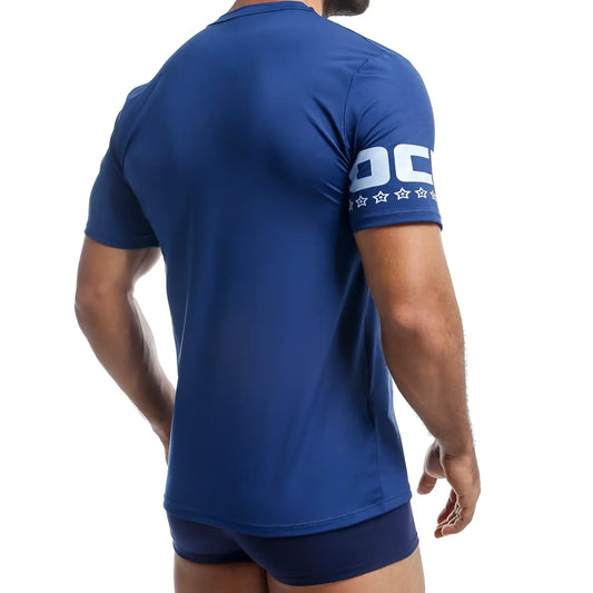 Blue short-sleeved athletic shirt with white oc logo and star pattern on sleeve from jocko jkn006 tank tops collection