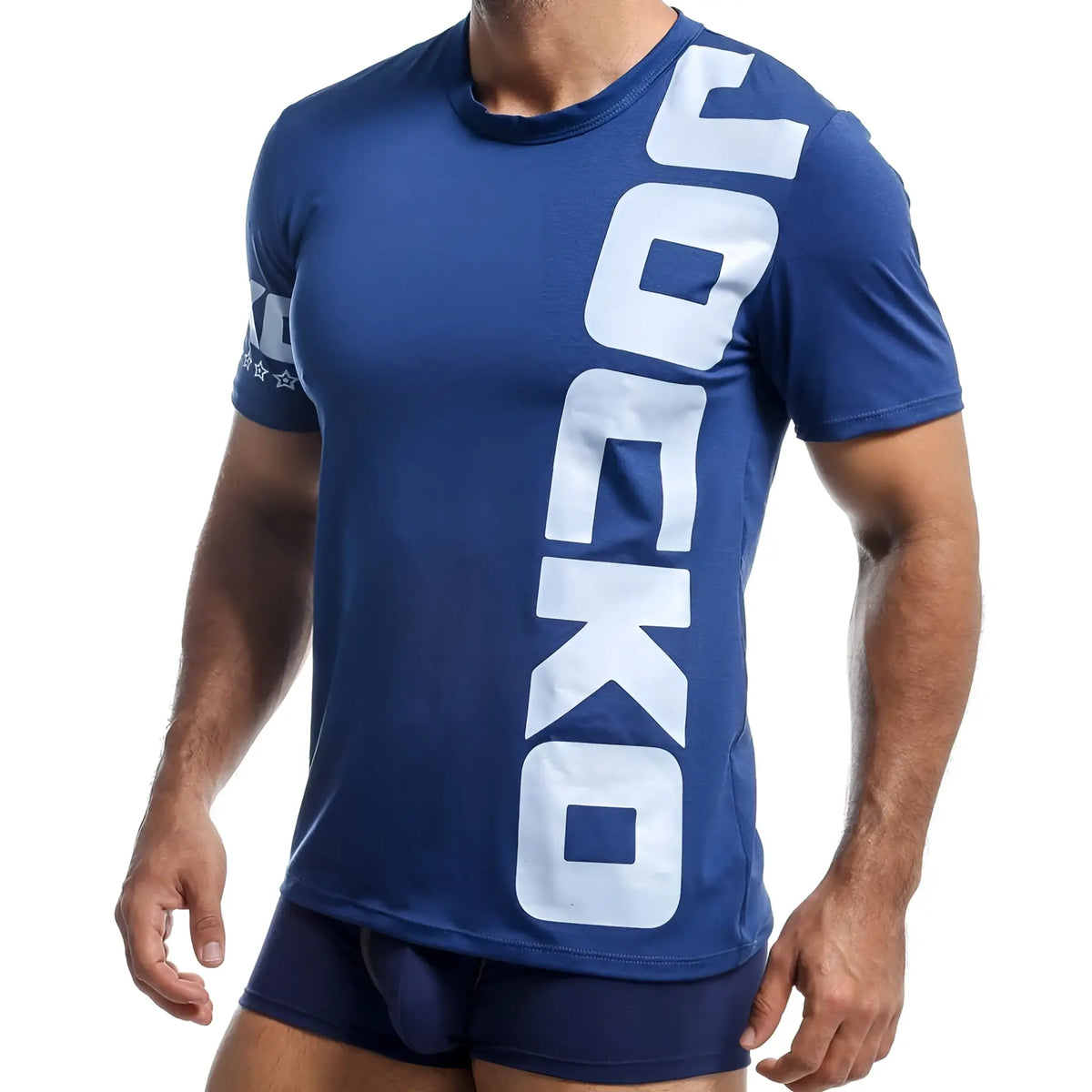 Blue jocko jkn006 short-sleeved t-shirt with bold white vertical lettering and star motifs on the sleeve