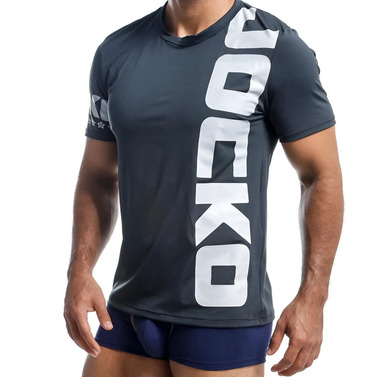 Dark gray short-sleeved athletic t-shirt with bold white vertical jocko lettering across the chest for training use