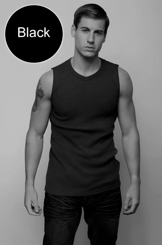 Black sleeveless jocko van v neck muscle top t shirt with v neckline size l designed for athletic wear