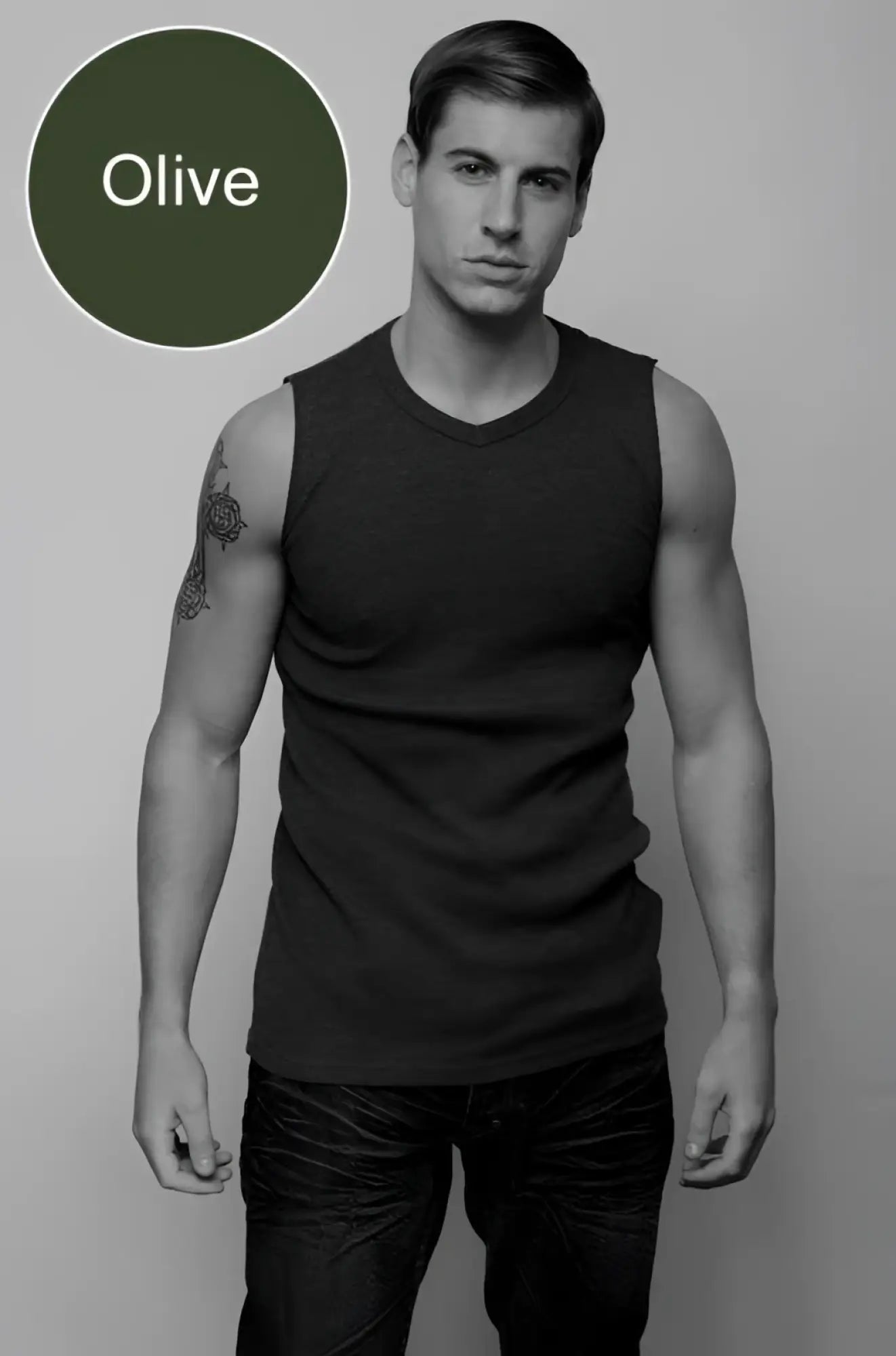 Olive sleeveless cotton tank top jocko van v neck muscle top shirt 1002 size l front view