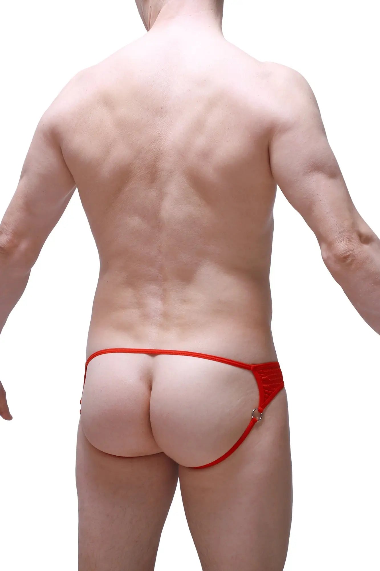 Red lace jockstrap anglas bee with metallic clasp showing the back side of the thong design