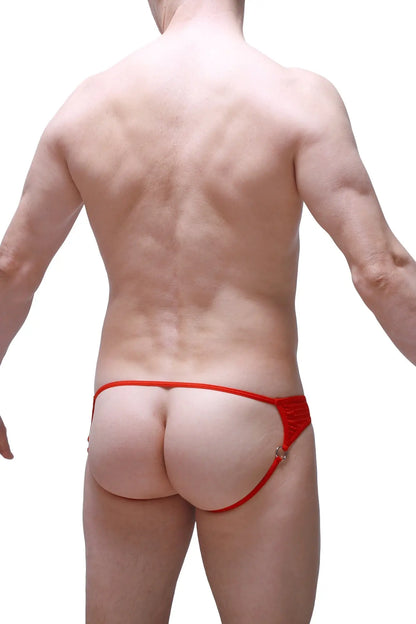 Red lace jockstrap anglas bee with metallic clasp showing the back side of the thong design