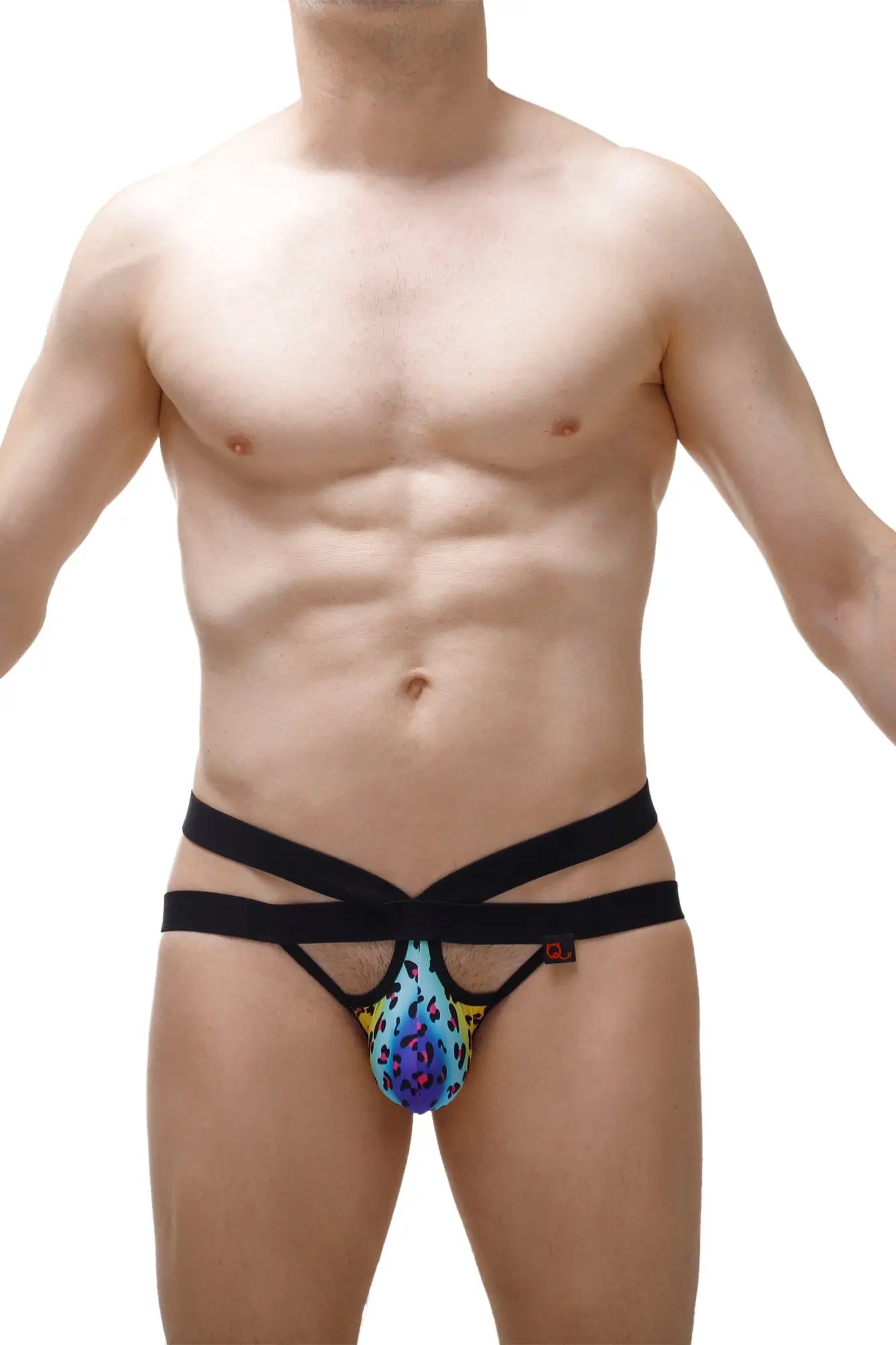 Black and colorful patterned men’s jockstrap with vibrant abstract design called jockstrap antran leopard rainbow