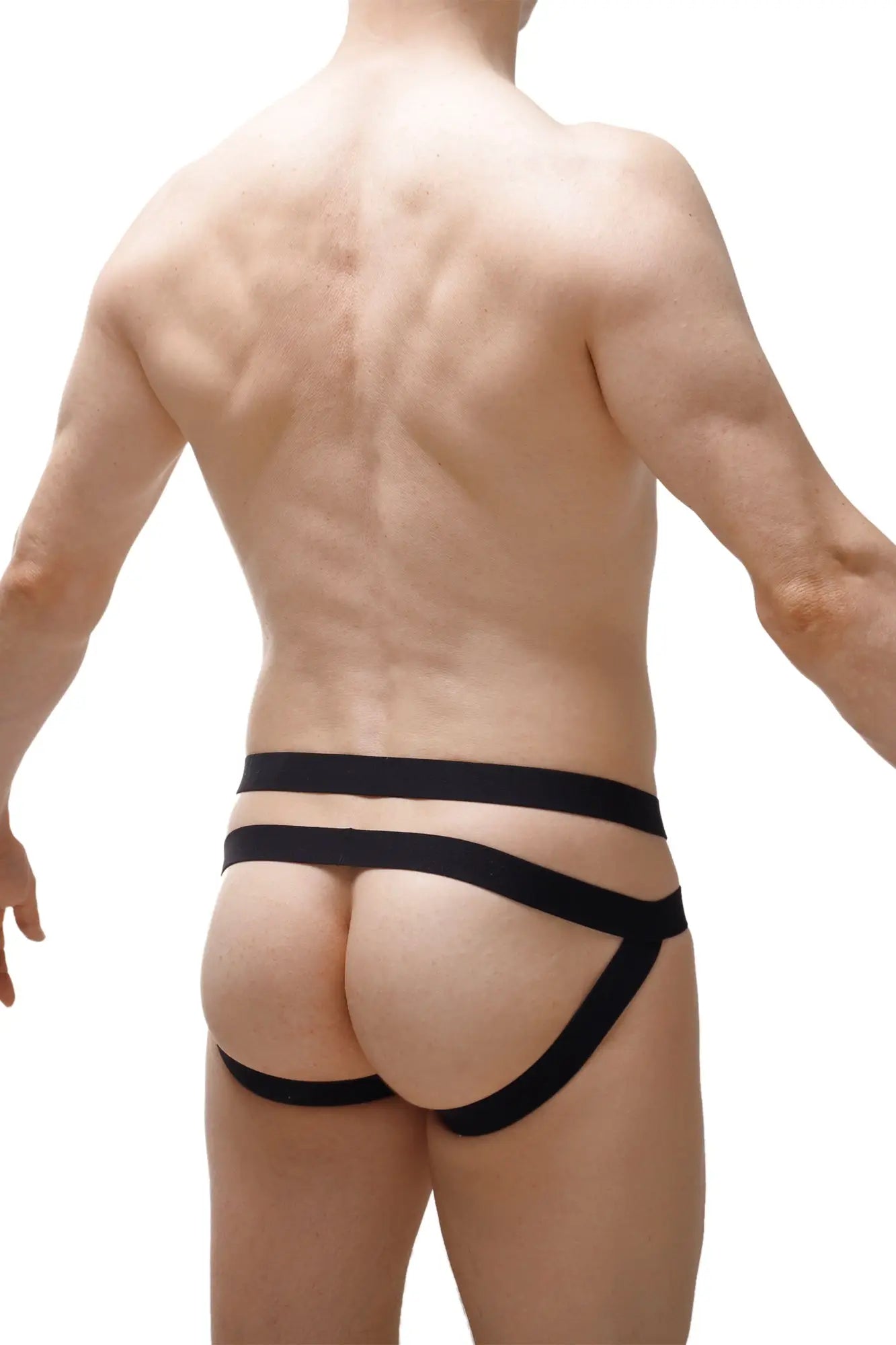 Black sleek form-fitting athletic jockstrap with a modern leopard rainbow design for active use