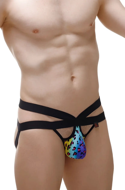 Rainbow leopard-print jockstrap antran with black elastic straps showcasing front view design and vibrant colors